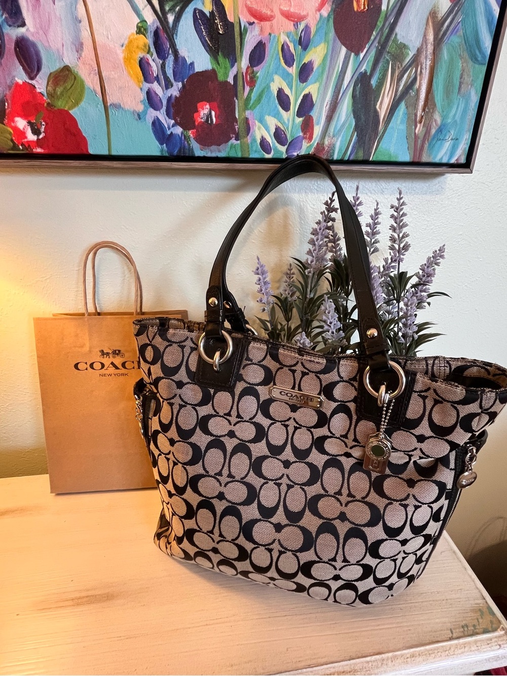 Coach Black & Gray Signature Jacquard Canvas Gallery Tote w/ Leather trim